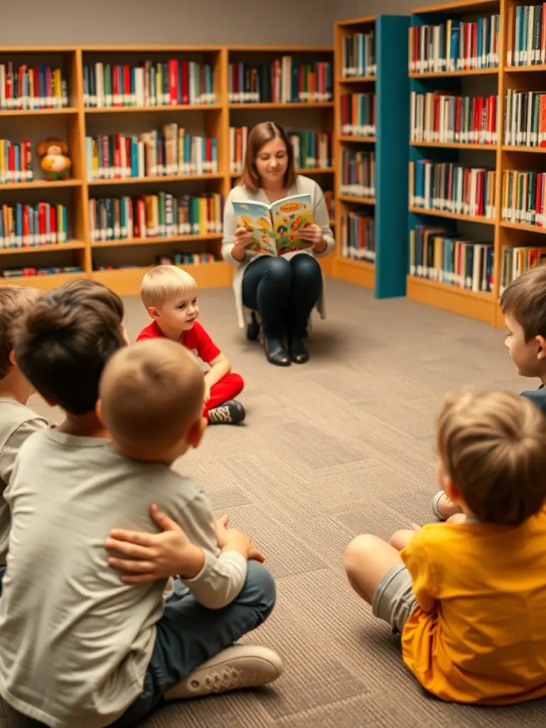 An image of a librarian presenting a new reading program to a group of children in a public library, emphasizing community engagement and literacy promotion.